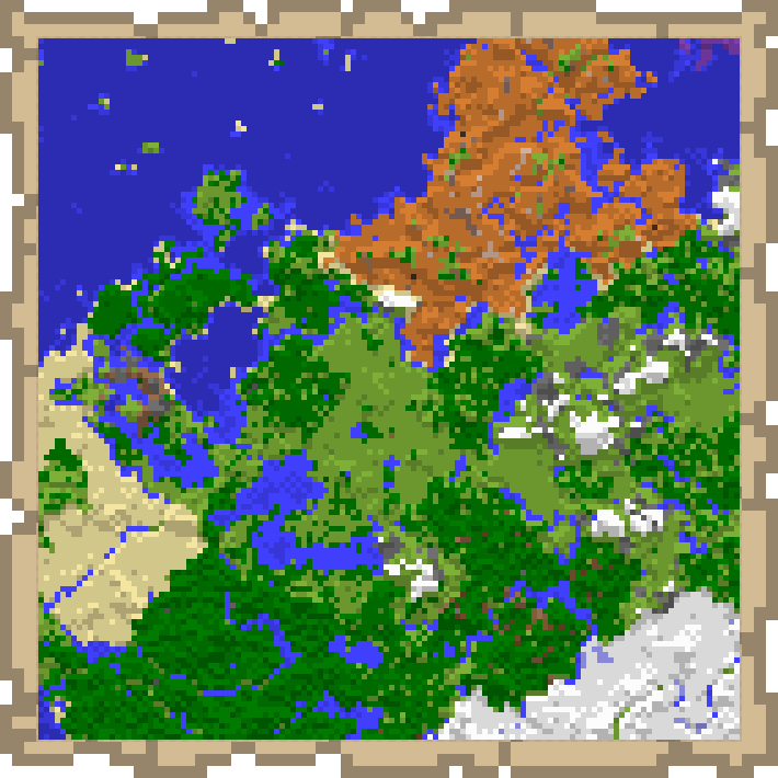 Minecraft world map with forests, mountains, desert, ocean, and badlands